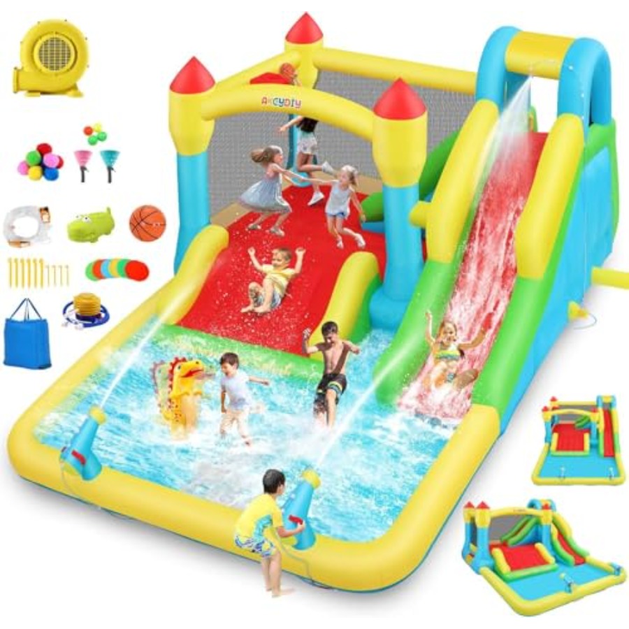 Kids Outdoor Bounce House - บ้านลมเป่าลมสำหรับเด็กเล่นน้ำกลางแจ้ง/ในร่ม อายุ 3-12 ปี ทำจากวัสดุ PVC
