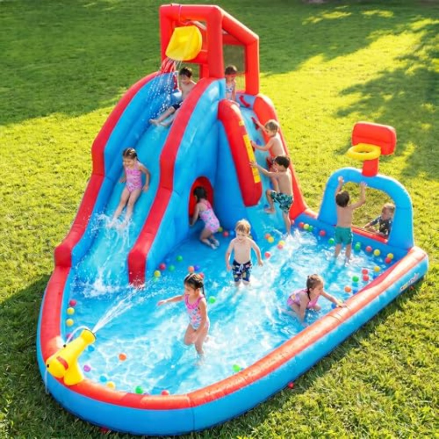 Kids Outdoor Bounce House - สไลเดอร์น้ำเป่าลมกลางแจ้งสำหรับเด็กในสวนหลังบ้าน: วัสดุ PVC สีฟ้าและสีเหลือง พร้อมผนังปีนป่าย และสไลเดอร์ยาว