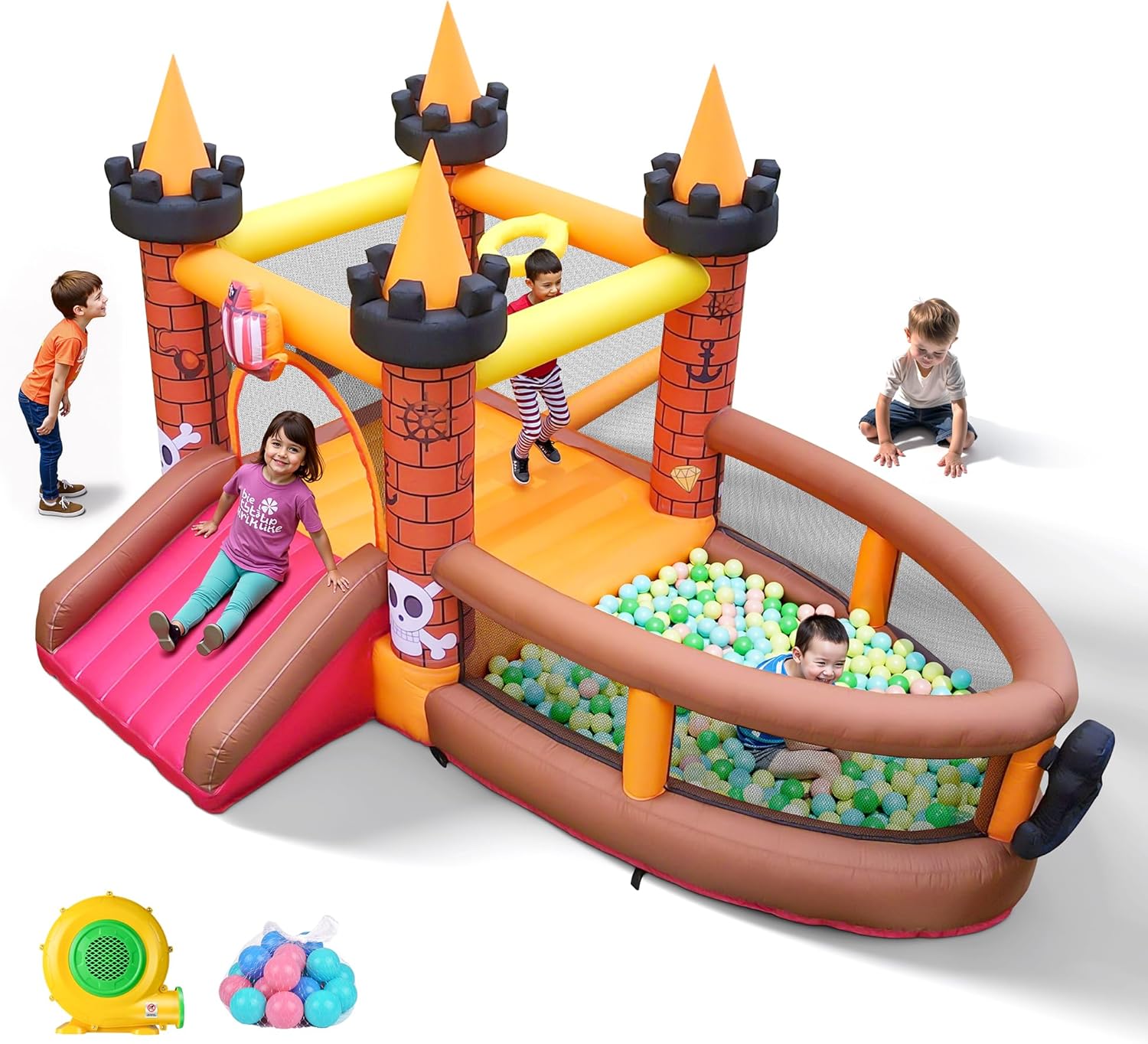 Kids Outdoor Bounce House - บ้านลมเป่าลมสำหรับเด็กอายุ 3-8 ปี: บ้านลมพร้อมสไลเดอร์ - บ้านลมเป่าลมพร้อมเครื่องเป่าลม