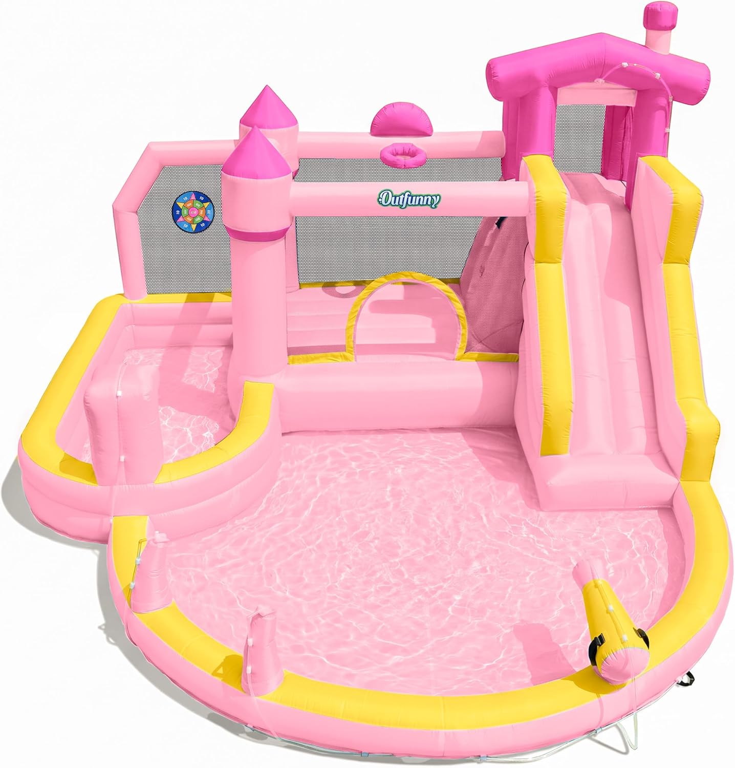 Kids Outdoor Bounce House - สไลเดอร์น้ำเป่าลมสีชมพูสำหรับเด็กอายุ 3-12 ปี พร้อมสระน้ำคู่ ใช้กลางแจ้งในสวนหลังบ้าน รับน้ำหนักได้