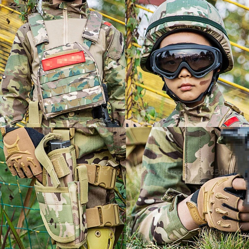 Kids Outdoor Jumpsuit - ชุดลายพรางเด็ก ชุดยุทธวิธีหน่วยรบพิเศษ ชุดฝึกทหารกลางแจ้งสำหรับเด็ก เสื้อกั๊ก ถุงมือ สนับเข่า