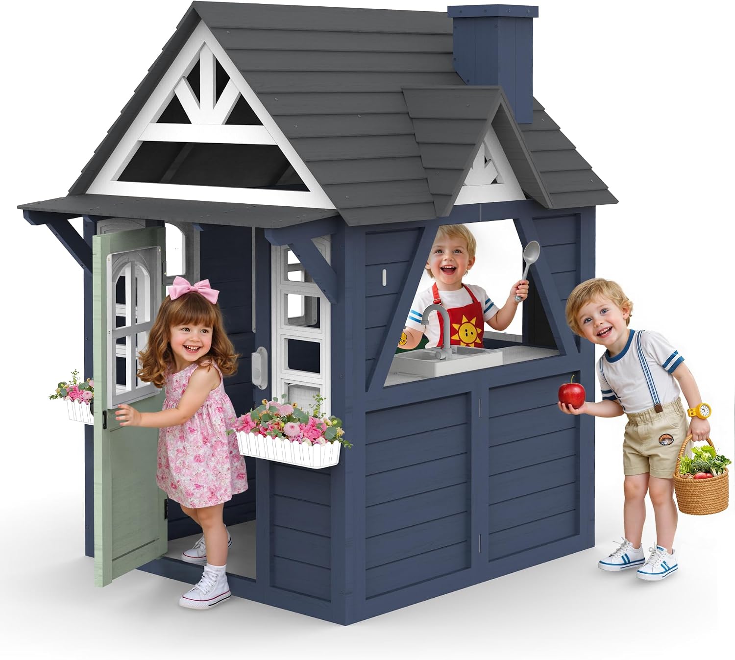 Kids Outdoor House With Kitchen - บ้านเด็กเล่นกลางแจ้ง ทำจากไม้เฟอร์ทันสมัย ใช้ได้ทั้งในร่มและกลางแจ้ง สำหรับเด็กอายุ 3-8 ปี