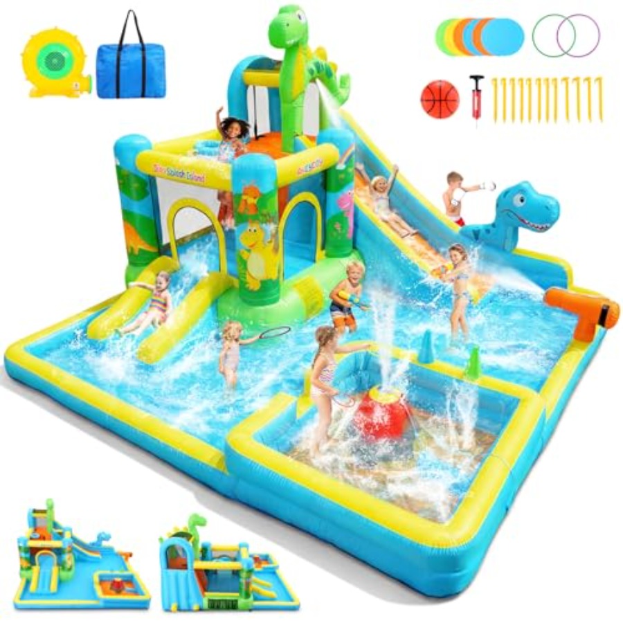 Kids Outdoor Bounce House - สไลเดอร์น้ำเป่าลมสำหรับสนามหลังบ้าน: บ้านลมธีมไดโนเสาร์ 13-in-1 สำหรับเด็กอายุ 3-12 ปี