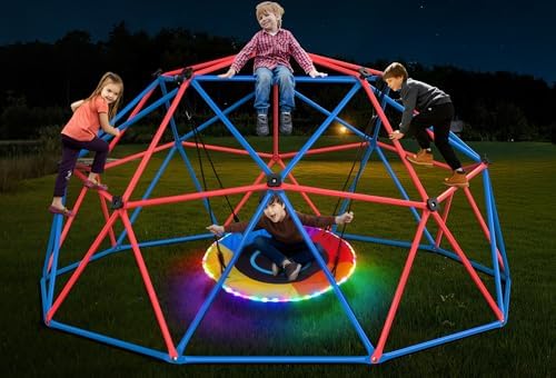 Kids Outdoor Jungle Gym Dome - ชุดชิงช้าคลิมโดมพร้อมชิงช้า LED รูปจานบิน, ชุดเครื่องเล่นสนามกลางแจ้งสำหรับเด็ก, รองรับน้ำหนักได้ 800