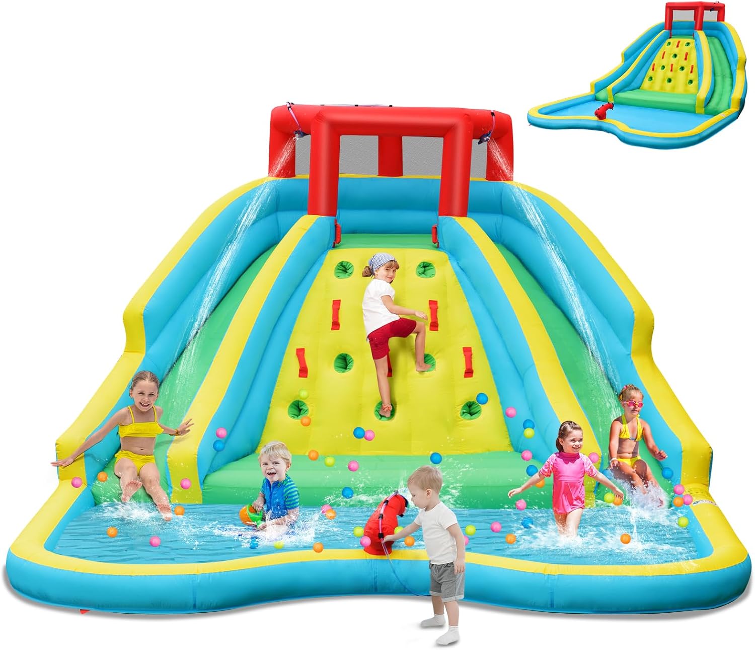 Kids Outdoor Park - สไลเดอร์น้ำเป่าลมขนาดใหญ่สำหรับเด็ก สวนน้ำกลางแจ้งพร้อมสไลเดอร์ยาวสองช่อง ผนังปีนป่าย ปืนฉีดน้ำและสายยาง สระน้ำขนาดใหญ่ สไลเดอร์น้ำเป่าลมสำหรับสนามหลังบ้าน