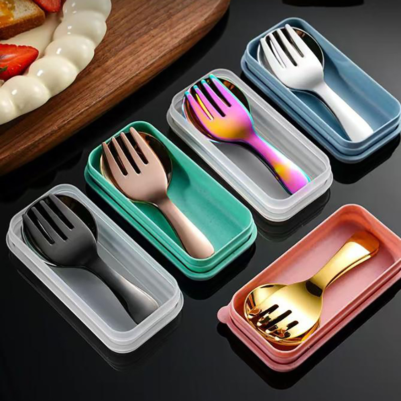 Kids.Outdoor Utensils - ชุดอุปกรณ์รับประทานอาหารสแตนเลสแบบพกพา ช้อนและส้อมด้ามสั้นสำหรับเด็ก ปิกนิก รับประทานอาหารกลางแจ้ง ชุดจานชามขนาดเล็ก