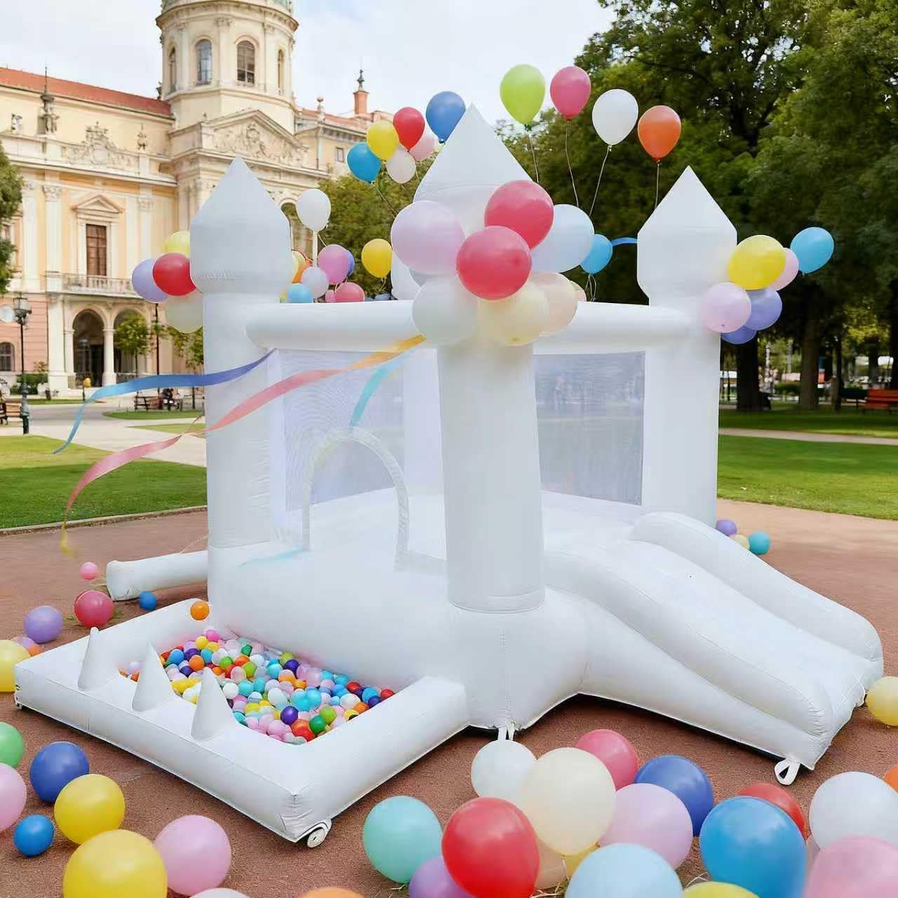 Kids Outdoor Bounce House - บ้านลมสีขาว, บ้านลมสำหรับใช้ในร่มและกลางแจ้ง, บ้านลมเป่าลมพร้อมบ่อบอลและสไลเดอร์, บ้านลมสำหรับเด็กทุกช่วงอายุ