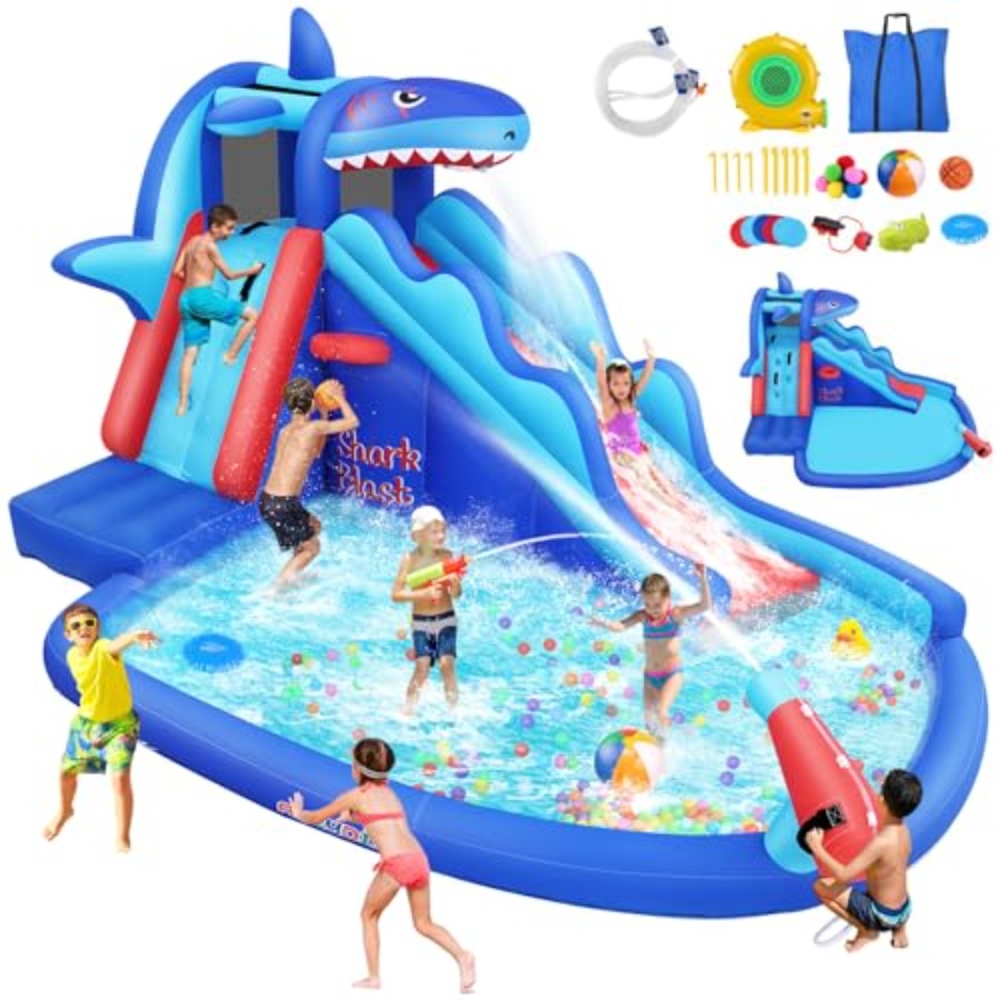 Kids Outdoor Bounce House - สไลเดอร์น้ำเป่าลมสำหรับเด็กอายุ 3-12 ปี ลายฉลาม สีฟ้าและสีเหลือง พร้อมผนังปีนป่ายและสไลเดอร์ยาว