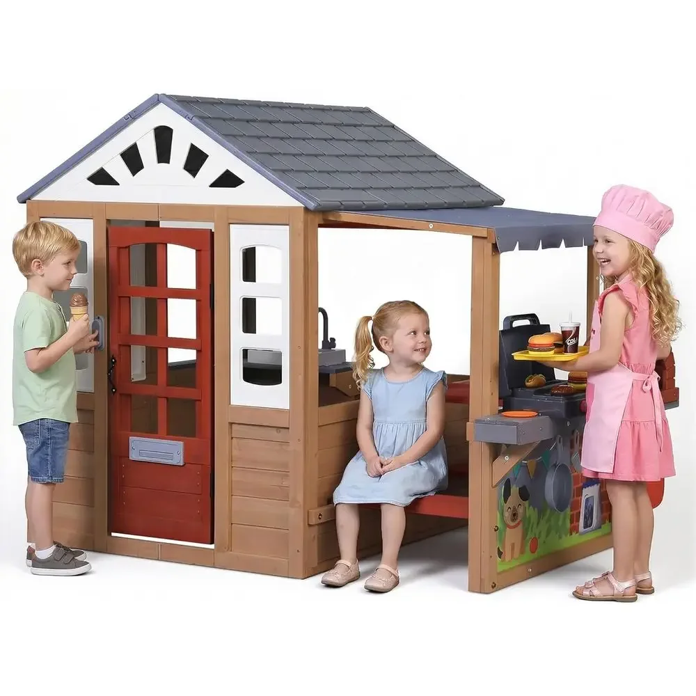 Kids Outdoor House With Kitchen - บ้านเด็กเล่นกลางแจ้งทำจากไม้, บ้านเด็กเล่นไม้ CeWooden สำหรับเด็กอายุ 3-8 ปี