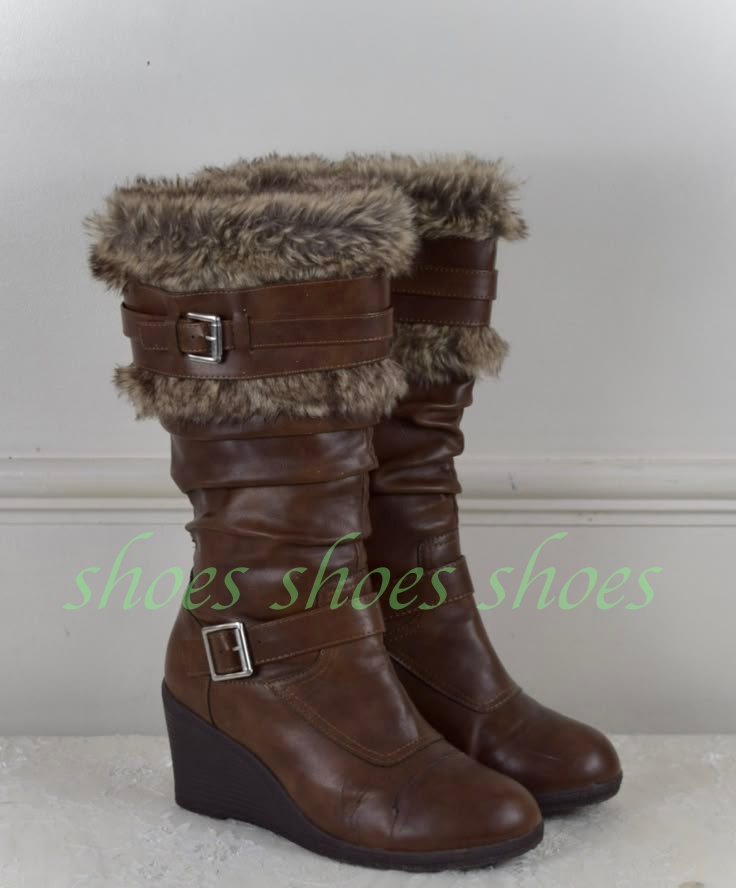 Kids Outdoor Boots - รองเท้าบูทผู้หญิงสไตล์วินเทจสีน้ำตาล ขนเฟอร์เทียม แต่งหัวเข็มขัด แบบส้นเตารีด ความยาวครึ่งน่อง สำหรับฤดูหนาวและฤดูใบไม้ร่วง