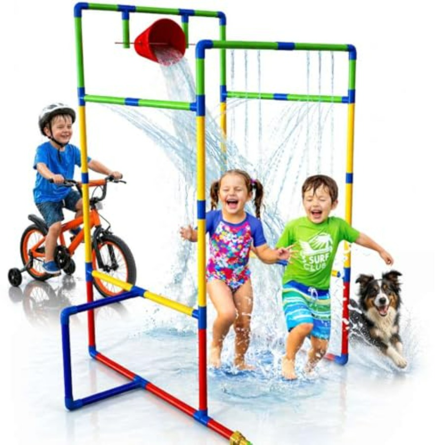 Kids Outdoor Park - อุโมงค์สปริงเกอร์สวนน้ำกลางแจ้งพร้อมถังน้ำสำหรับเด็ก สนุกสนานในช่วงฤดูร้อน ทำจาก PVC ทนทาน สีฟ้าและสีเหลือง