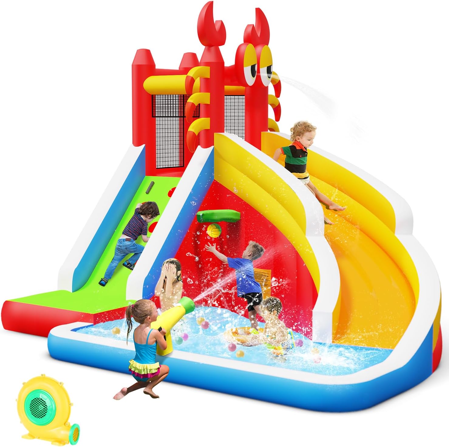 Kids Outdoor Bounce House - บ้านลมเป่าลมขนาดใหญ่พร้อมสไลเดอร์น้ำสำหรับเด็ก - ประกอบด้วยสระน้ำเล่น, ผนังปีนป่าย, ห่วงบาสเก็ตบอล และปืนฉีดน้ำสำหรับงานปาร์ตี้ในร่ม/กลางแจ้ง