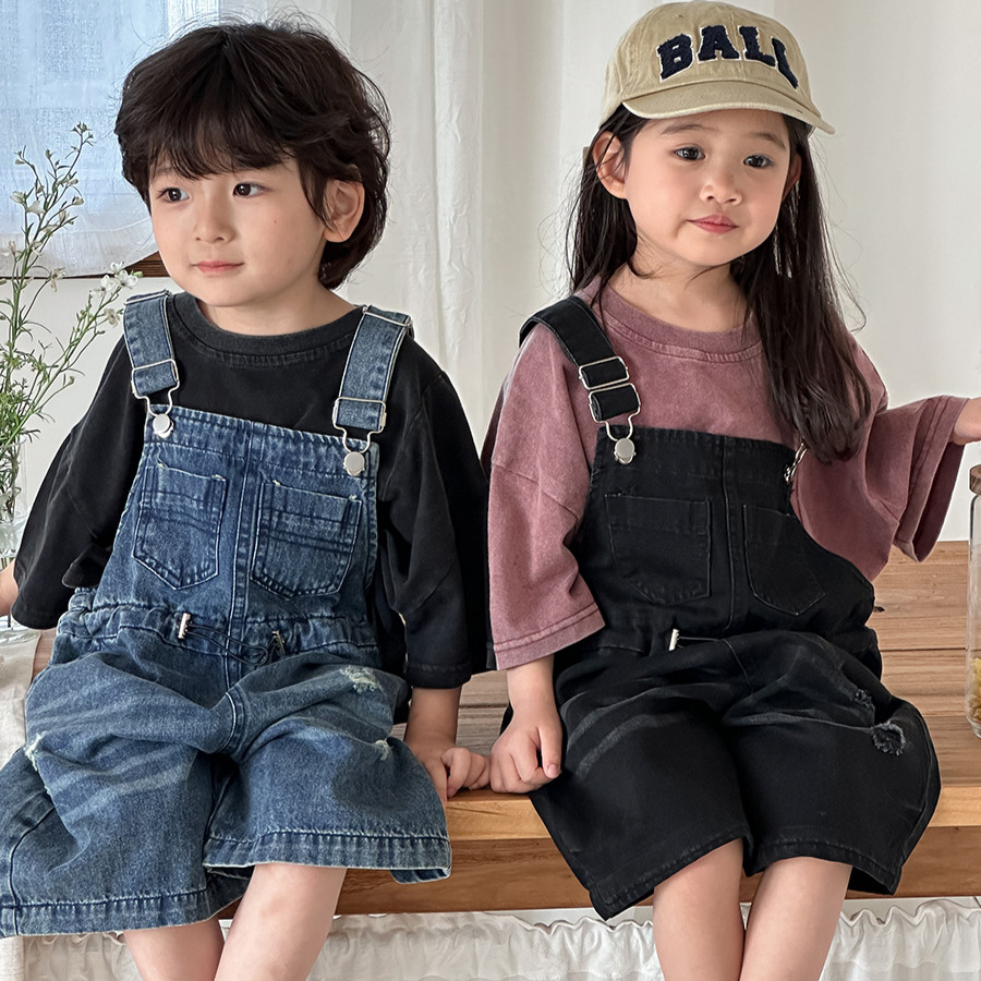 Kids Outdoor Jumpsuit - ชุดเอี๊ยมยีนส์เด็กแบบยูนิเซ็กซ์ รุ่นซัมเมอร์ 2026 ลายแมว ล้างสีแบบวิสเกอร์ ผ้าบาง