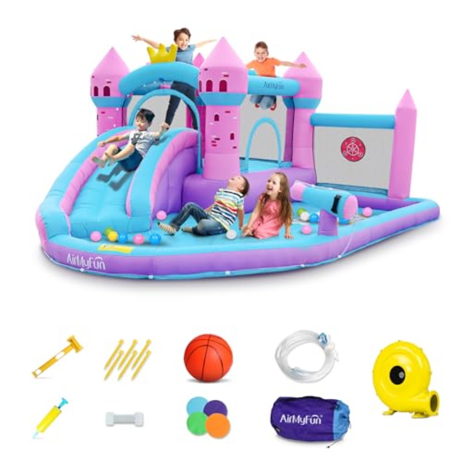Kids Outdoor Bounce House - สไลเดอร์น้ำเป่าลมสำหรับเด็กอายุ 3-12 ปี สีชมพู ทำจากวัสดุ PVC