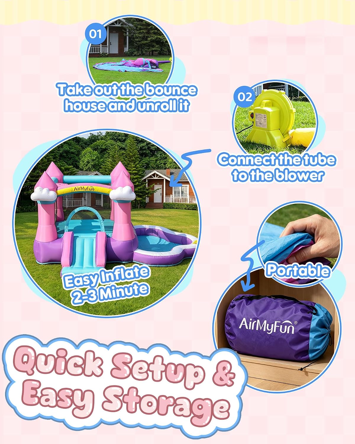 บ้านลมสีชมพูสำหรับเด็กอายุ 3-8 - Kids Outdoor Bounce House บทวิจารณ์และราคา