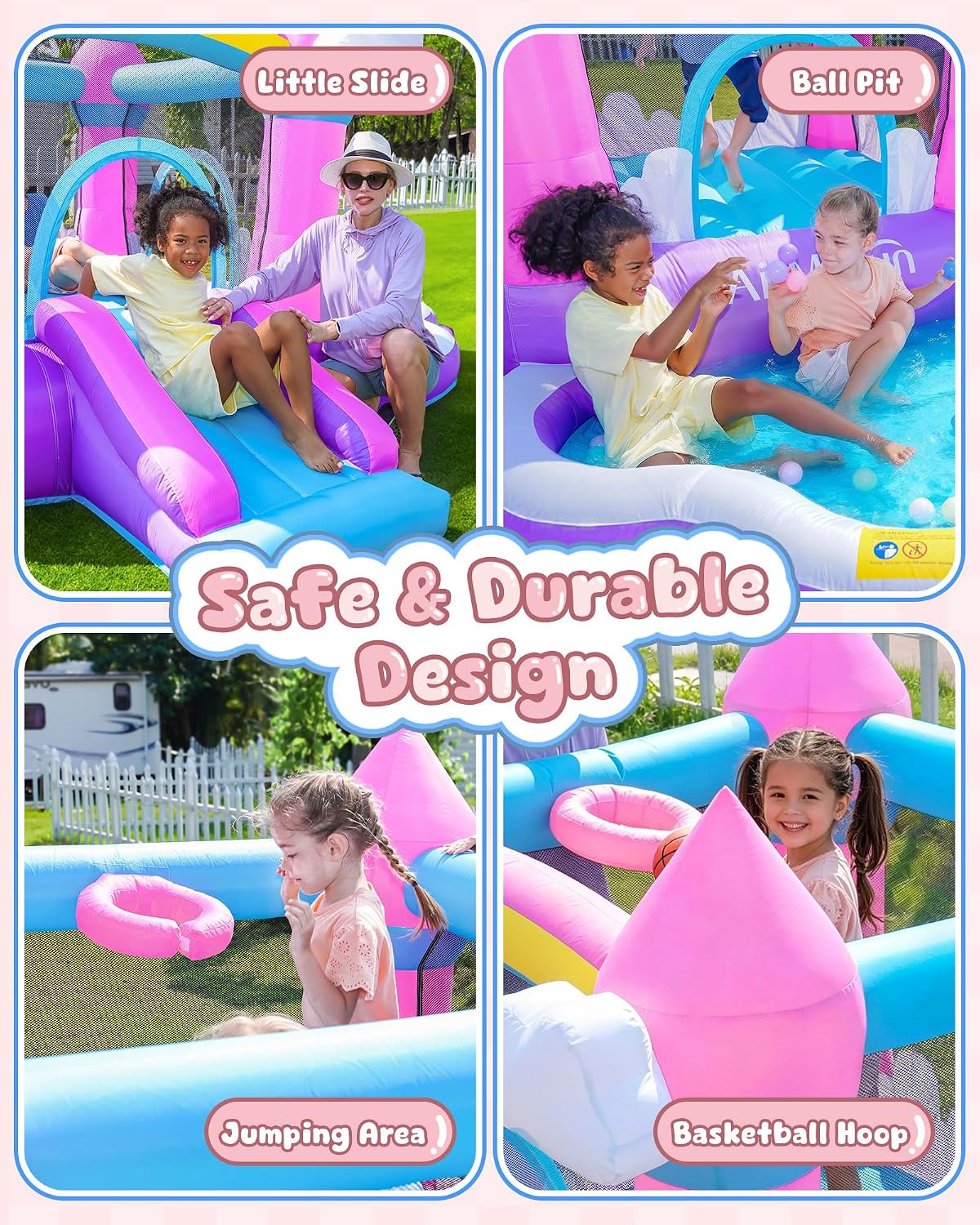 บ้านลมสีชมพูสำหรับเด็กอายุ 3-8 - Kids Outdoor Bounce House บทวิจารณ์และราคา